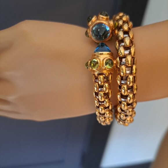 FOPE 18K White Yellow Gold Twist Snake Blue Green Cabochons VTG 1989 RARE - Picture 6 of 12